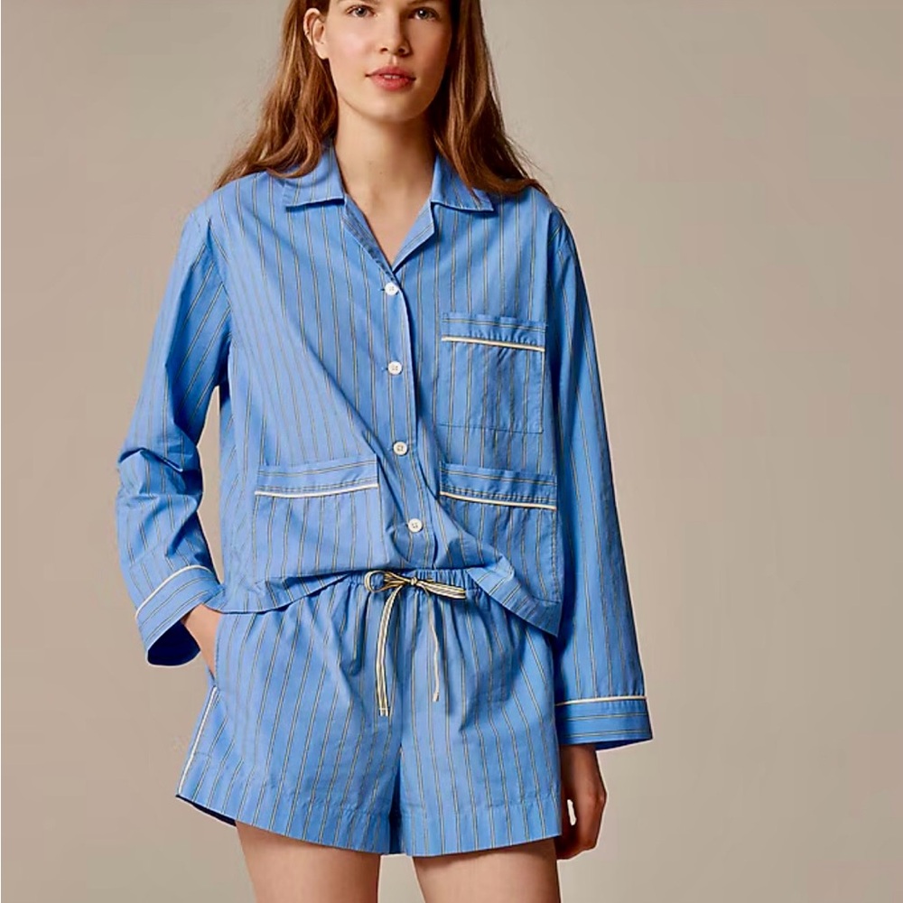 J. Crew - Long-sleeve pajama short set in striped cotton poplin - Blue Yellow S